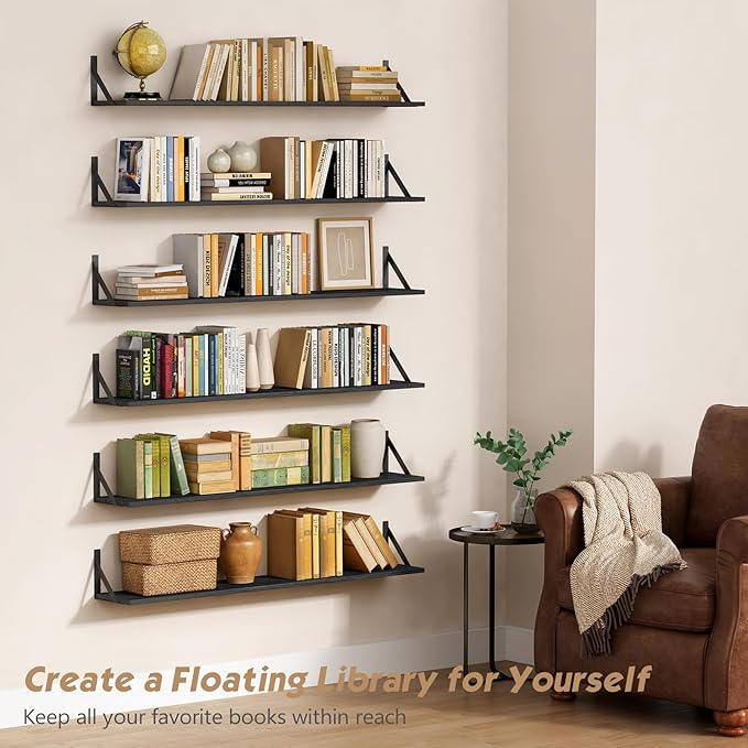 Forbena 48 Inch Long Floating Book Shelves for Wall Set of 3, Black Wall Bookshelves for Living Room, Large Heavy Duty Wood Wall Mounted Hanging Bookshelf for Bedroom Office Library Classroom