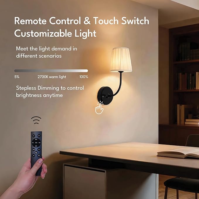 Battery Operated Wall Sconce Set of 2, Dimmable Wireless Black Wall Lamp with 5200mAh Battery, Rechargeable Wall Sconce Light with Switch and Remote for Living Room, Bedroom, Hallway, Bathroom