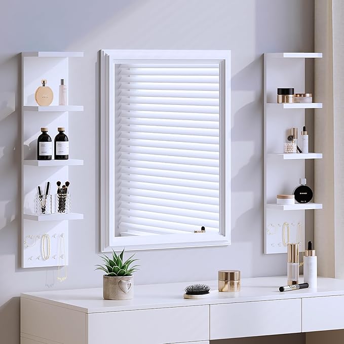 4 Tier White Lack Shelf Vanity Wall Shelf with 10 Crystal Hooks - Multi-Functional Storage for Makeup, Jewelry, Plants, Awards & Display (L7.1 x W5.5 x H30.7) (2)