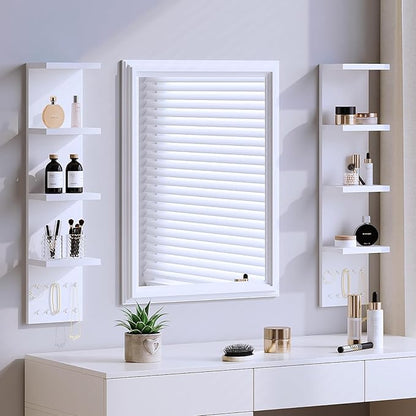 4 Tier White Lack Shelf Vanity Wall Shelf with 10 Crystal Hooks - Multi-Functional Storage for Makeup, Jewelry, Plants, Awards & Display (L7.1 x W5.5 x H30.7) (2)