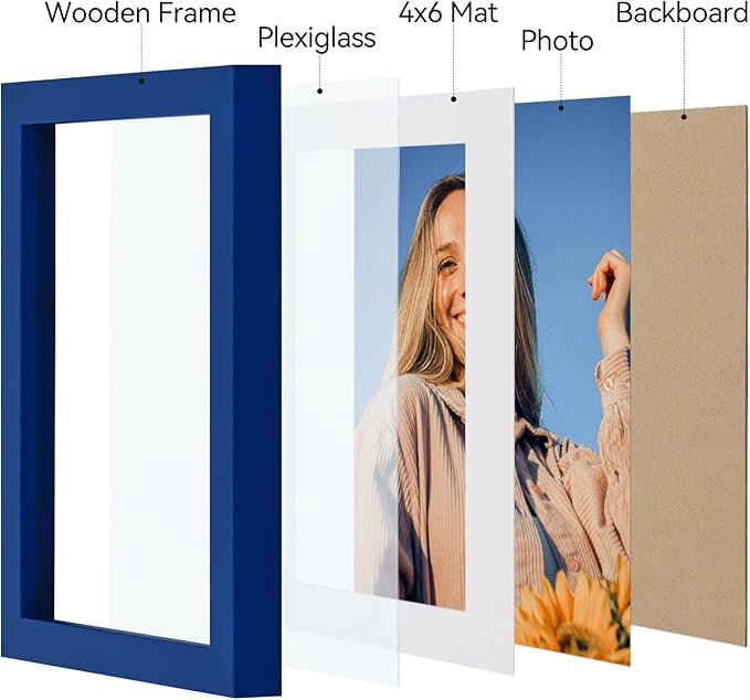 Vittanly 5x7 Picture Frames Set of 4, Display Pictures 4x6 with Mat or 5x7 without Mat, Small Photo Frames for Wall or Tabletop Display, Engineered Wood with Shatter Resistant Plexiglass, Royal Blue