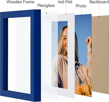 Vittanly 5x7 Picture Frames Set of 4, Display Pictures 4x6 with Mat or 5x7 without Mat, Small Photo Frames for Wall or Tabletop Display, Engineered Wood with Shatter Resistant Plexiglass, Royal Blue