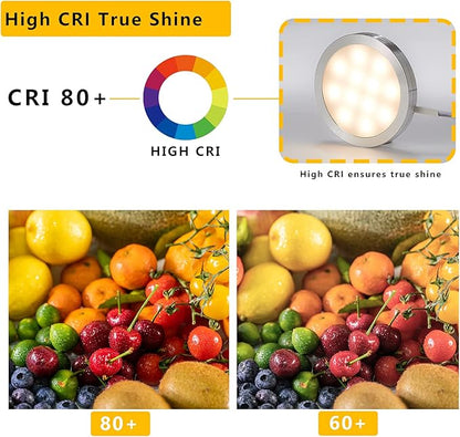 Smart LED Puck Lights with APP Control, Dimmable Cabinet Lighting with Bluetooth, Music Sync and Timer Function, Under Cabinet Lights, DC 12V Adaptor (Silver, Warm White Light, 4Pack)