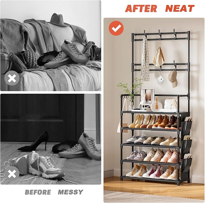 Shoe Rack 5 Tier Shoe Organizer Storage 15-20 Pairs Shoes Rack for Closet Entrance Shoe Rack Organizer with Hooks and Side Pocket Entryway Shoe Holder Space Saving Free Standing Shoe Racks