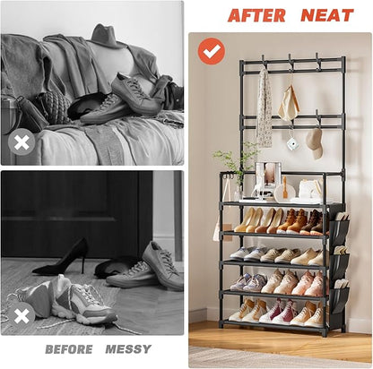 Shoe Rack 5 Tier Shoe Organizer Storage 15-20 Pairs Shoes Rack for Closet Entrance Shoe Rack Organizer with Hooks and Side Pocket Entryway Shoe Holder Space Saving Free Standing Shoe Racks
