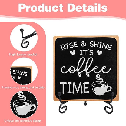 Coffee Bar Sign Decor 4"X 4" Rise & Shine It's Coffee Time Wooden Plaque for Home Kitchen Bar Tabletop Rustic Farmhouse Wood Cafe Signs with Stand for Cafe Corner Shelf Table Decorations