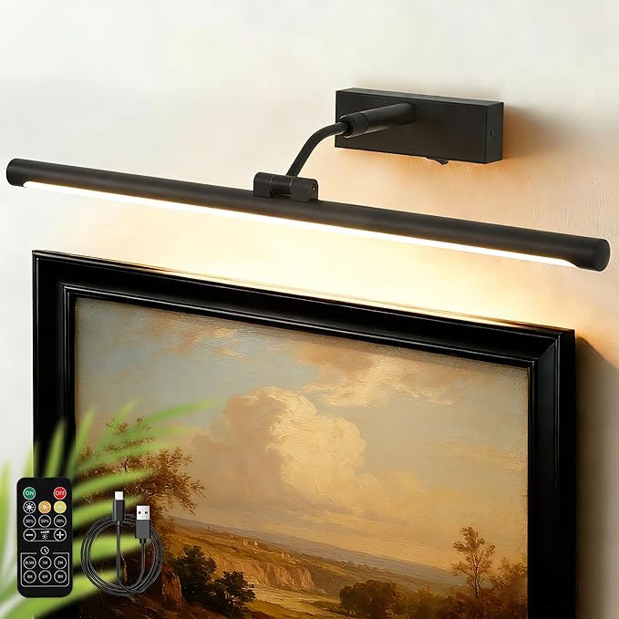 Picture Lights for Wall Battery Operated,24 Inch Black Wireless Rechargeable Art Lights for Pictures,3CCT Dimmable Retractable Painting Light with Remote & Timer,Glare-Free for Gallery Light