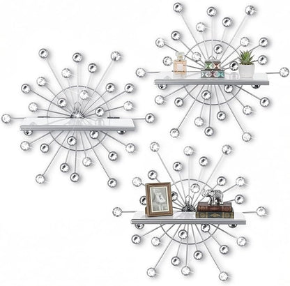 3 Pcs Bling Crystal Floating Shelves Metal Starbursts Wall Decor Folding Shelf Silver Corner Shelves Hanging Wall Mounted for Storage Bedroom Bathroom Living Room Kitchen Office Home Decoration