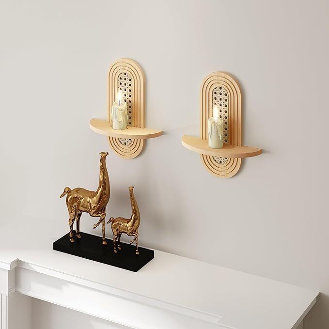 Wooden Arched Floating Shelf - Boho Decor Wall-Mouted Shelves Book Display Rattan Shelf for Bedroom Living Room Bathroom Nursery Home Office 14.5