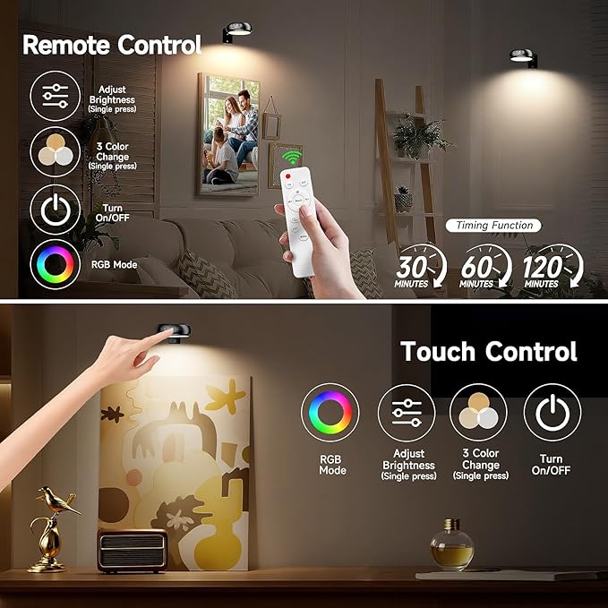 3 Pack Picture Light for Wall with 1200mAh Rechargeable Battery Operated Lights Remote Dimmable Timer Painting Light Magnetic 3 Adjustable Lighting RGB Modes Wall Decor Lights for Living Room (Black)