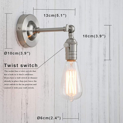 PERMO Vintage Industrial Pole Wall Mount Mini Single Sconce Metal Wall Sconces Fixture (Brushed)
