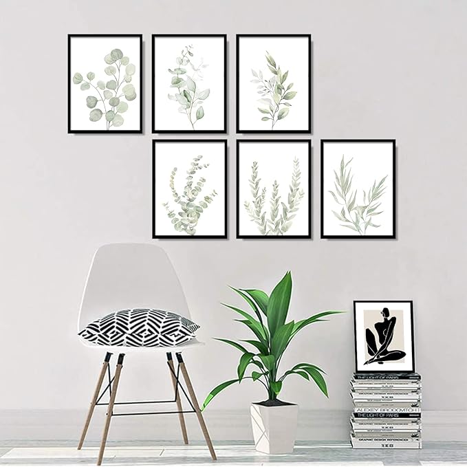 NCYEL Botanical Plant Wall Art Boho Bathroom Decor Wall Art Prints Light Green Eucalyptus Leaf Picture Canvas Wall Art Minimalist Floral Wall Decor for Bedroom Living Room Bathroom Kitchen Unframed