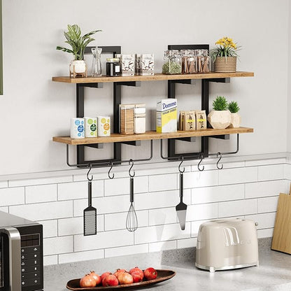 Floating Shelves for Wall Set of 2, Wood Wall Shelf with 6 Hooks, 2 Tier Hanging Decorative Storage Shelves for Living Room Bedroom Bathroom Kitchen Office Coffee Bar, Rustic Brown