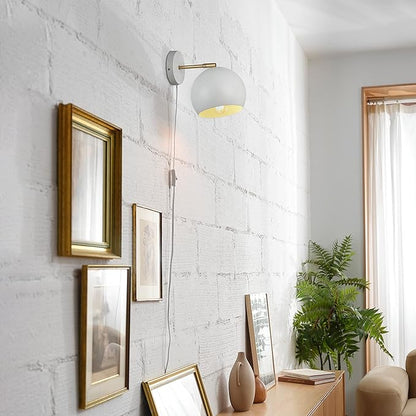 Globe Electric 52077 1-Light Plug-in or Hardwire Wall Sconce, Matte White, Brass Accent Arm, Modern Wall Light for Apartments or Renters, Bedroom, Dining or Living Room Lighting, Home Decor