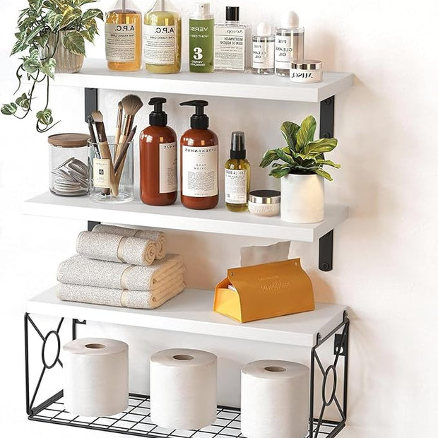 Amada Bathroom Shelves Over Toilet with Storage Basket, Floating Wall Shelf for Home Organization & Wall Decor, Bathroom/Kitchen/Living Room Shelves–White