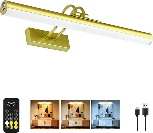 Picture Light,Wireless Art Light Stick-On,Magnetic Wall Light,Battery Accent Light with Timer and Dimmable for Painting,Frame,Portrait,Artwork-Gold 16"