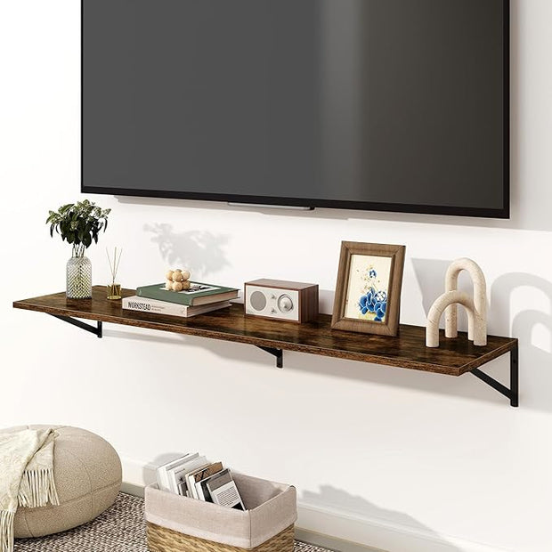 Fun Memories Floating Shelves for Wall, 12 Inch Deep Floating Shelves Set of 2, 55W x 12D Large Wall Shelf with Sturdy Metal Brackets for Living Room, Bathroom, Bedroom and Kitchen, Rustic Brown