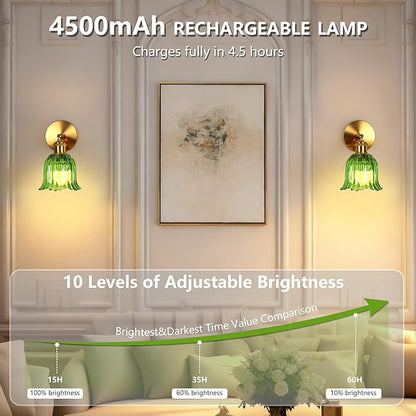 Vintage Battery Operated Wall Sconce with Green Stripe Glass Lampshade Rechargeable Battery Powered Wall Light with Remote Control for Bedside Bedroom Bathroom, Set of 1