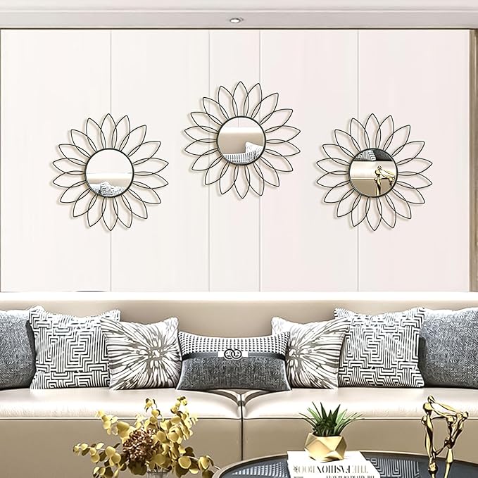 3 Pack Metal Mirrors for Wall Sunburst Wall Mirrors Home Décor Decorative Hanging Wall Art for Living Room Bedroom Entryway (Black2, Flowers)