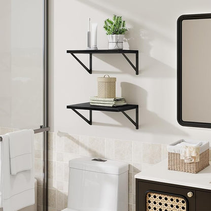 Deep Floating Shelves,16" Wx10 D Floating Shelves for Wall Set of 2,Heavy Duty Wood Floating Shelf with Metal Bracket,Wall Mounted Hanging Shelf for Living Room Bedroom Bathroom Kitchen,Black