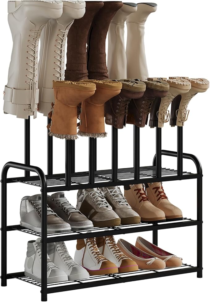 Shoe Rack - 3-Tier Metal Boot Rack Organizer for Entryway, Closet & Garage, Free Standing Shoe Shelf for Storage Tall Boots, Sneakers, Cowboy Boots, Black (Medium - 6 Pairs)