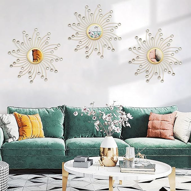 Uaussi 3 Pack Crystal Sunburst Wall Mirror Décor Rhinestone Mirrors Decorative Home Wall Art for Living Room Bedroom Entryway(Curle Burst Gold)