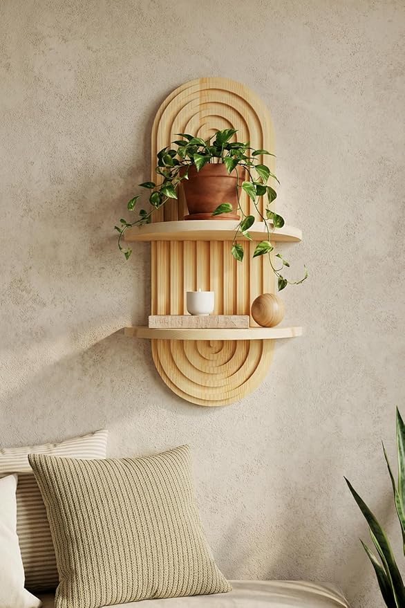 Boho Wall Shelf, 17" MCM Arched Decorative Floating Shelves, Wooden Round Shelf for Plants, Entryway, Bathroom & Bedroom, Natural Oak