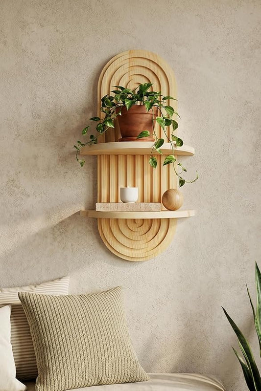 Boho Wall Shelf, 17" MCM Arched Decorative Floating Shelves, Wooden Round Shelf for Plants, Entryway, Bathroom & Bedroom, Natural Oak