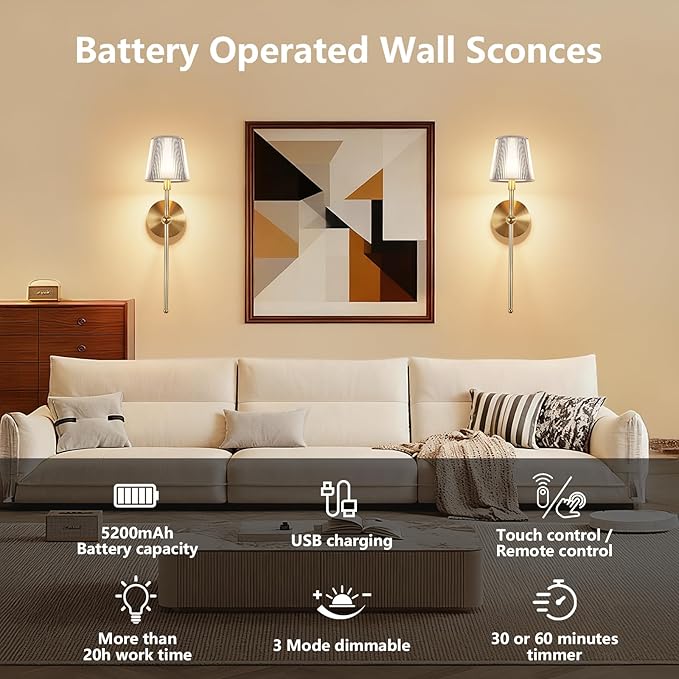 Kimjo Battery Operated Wall Sconce Set of 2, 5200mAh Rechargeable Wireless Wall Sconces Lights with Dimmable Timer Remote, Cordless Gold Wall Light for Bedroom Living Room Hallway Decor