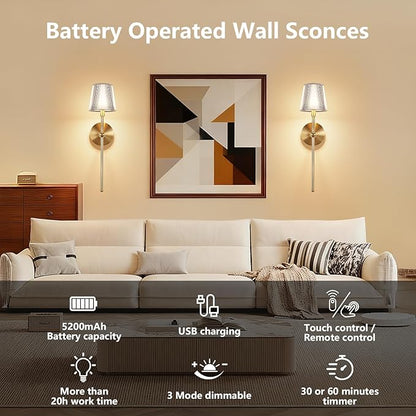 Kimjo Battery Operated Wall Sconce Set of 2, 5200mAh Rechargeable Wireless Wall Sconces Lights with Dimmable Timer Remote, Cordless Gold Wall Light for Bedroom Living Room Hallway Decor