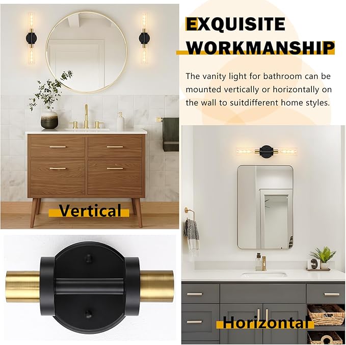 2-Light Bathroom Lighting Fixtures Over Mirror, Black and Gold Vanity Lights for Bathroom, Modern Sconces Wall Lighting with Clear Glass for Bathroom, Bedroom, Living Room (1-Pack)