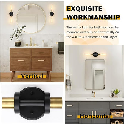 2-Light Bathroom Lighting Fixtures Over Mirror, Black and Gold Vanity Lights for Bathroom, Modern Sconces Wall Lighting with Clear Glass for Bathroom, Bedroom, Living Room (1-Pack)