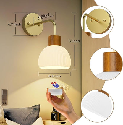 Glass Battery Operated Wall Sconces Set of 2, Rechargeable Wall Lamp with Remote, 12 Colors Dimmable Wireless Sconces Wall Decor Set of 2 with Timer for Bedroom Living Room (Gold, 2 Pack)
