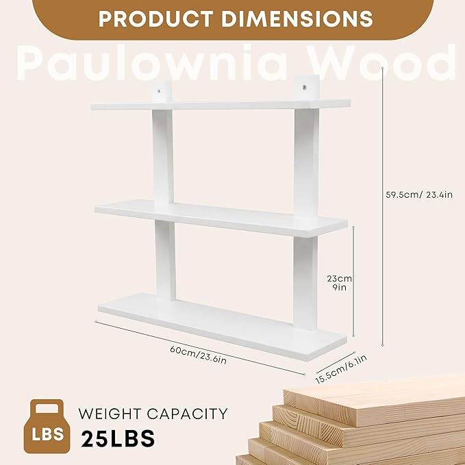 PHOENANCEE 3 Tier Floating Shelves,Long Wall Shelf,Over The Toilet Shelves Bathroom Hanging Display Storage Rustic for Living Room Bedroom Kitchen Office Coffee Bar Decor Decorative,24 Inch