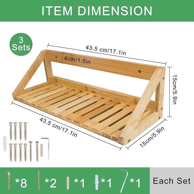 Floating Shelves Wall Mounted, 3 Pcs Solid Bamboo Wall Hanging Rack Holder, Wall Storage Shelves for Bedroom, Living Room, Bathroom, Kitchen, Office Decor