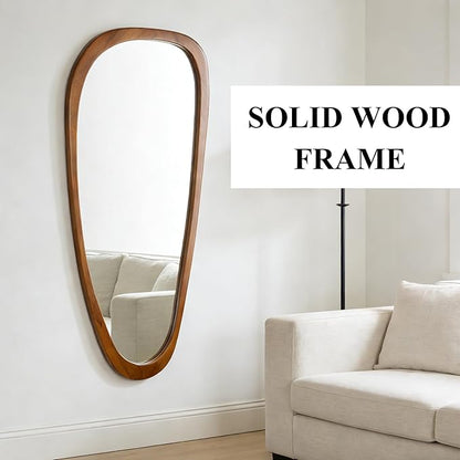 Ruomeng Full Length Irregular Wall Mirror, 48 x 22 Inch Wooden Mirror, Boho Large Decorative Asymmetrical Mirror for Bathroom, Living Room, Bedroom, Entryway, Farmhouse, Tempered Glass, Shatterproof