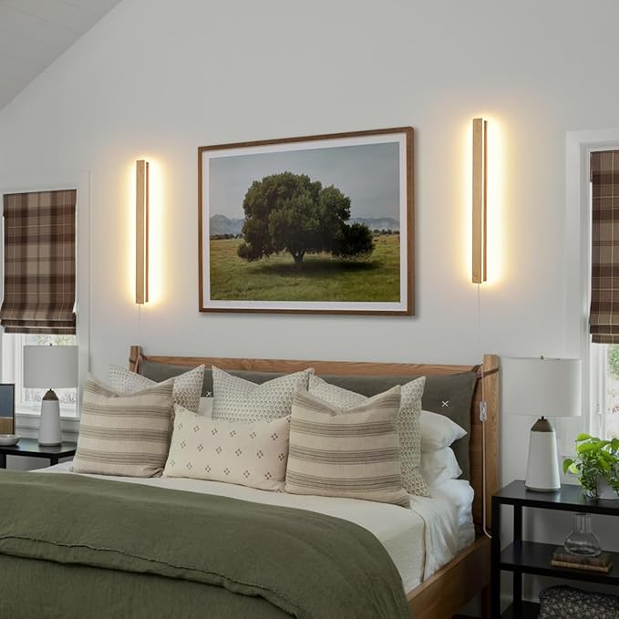 Modern Plug in Wall Sconces, 23.6 inch Faux Wood Texture Finish LED Long Wall Lights, 12W Warm White 3000K Acrylic Indoor Wall lamp,with 59