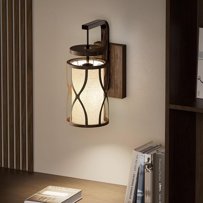 N10-1 Farmhouse Wall Sconces Dimmable Hanging Plug in Wall Lamp Linen Lampshade Metal Base Rustic Hardwired Wall Lighting Sconce Lights for Bedroom Bedside Living Room (Bulb Included)