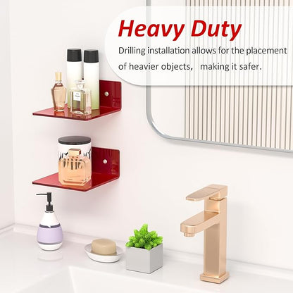 6 Inches Acrylic Small Wall Shelves, Red Floating Shelf for Wall Mounting, Acrylic Display Ledges for Funko Pop Figures, Home Décor, Living Room, Gaming Room, Plants, 2 Pack