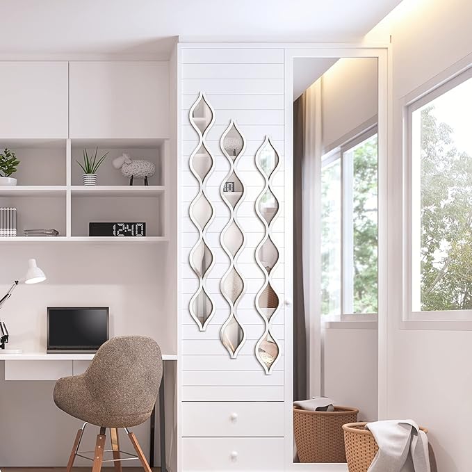 Yulejo 6 Pcs Acrylic Teardrop Mirror Decor Narrow Wall Decor Boho Vintage Wall Art for Apartment Home Living Room Bathroom Bedroom Hallway (Silver Edge)