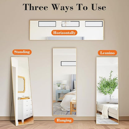 OLIXIS Full Length Mirror 59"x16.5" for Bedroom, Full Body Mirror with Stand, Hanging or Leaning for Wall, Aluminum Alloy Thin Frame Floor Standing for Living Room, Long, Gold