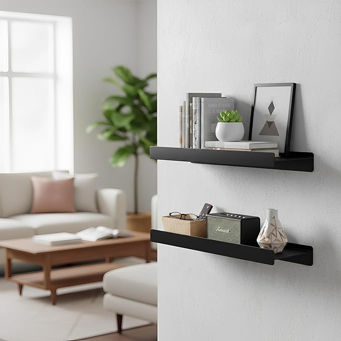 12 inch Metal Floating Shelves for Wall, Small Shelves Wall Mounted with Lip for Storage No Wobble, Heavy Duty Wall Shelves for Bathroom/Kitchen/Bedroom/Small Spaces, Black 12X 4.5X2, Set of 2