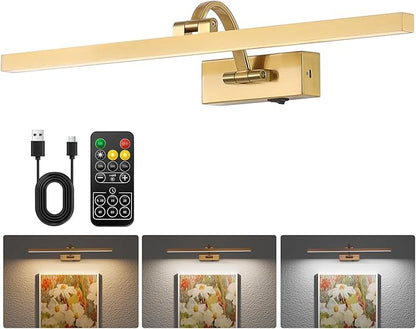 Wireless Picture Lights for Wall,23.5 Inch Brass Art Light for Paintings,Battery Operated Picture Lights with Remote Control,Dimmable Rechargeable Art Lamps for Picture Frame,Gallery
