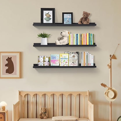 MBYD 36 Inch Picture Ledge Shelf with Lip Modern Black Floating Photo Shelves Natural Wood Set of 3 Same Sizes Frames Albums Display Shelf for Bedroom Bathroom Living Room Kitchen