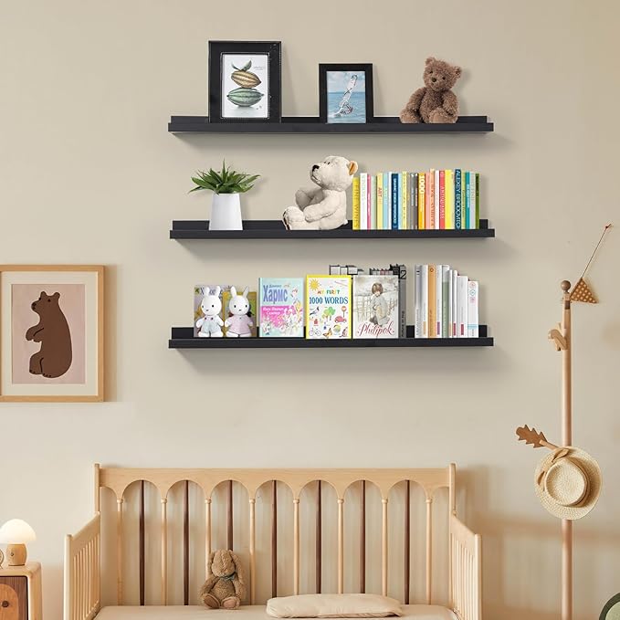 MBYD 36 Inch Picture Ledge Shelf with Lip Modern Black Floating Photo Shelves Natural Wood Set of 3 Same Sizes Frames Albums Display Shelf for Bedroom Bathroom Living Room Kitchen