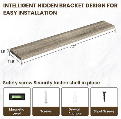 72 inch Floating Shelves for Wall, 12 Inch Deep Floating Shelf, Hanging Shelf with Invisible Brackets, Rustic Wooden Wall Shelves for Bathroom, Bedroom, Living Room,Farmhouse Set of 1,Grey