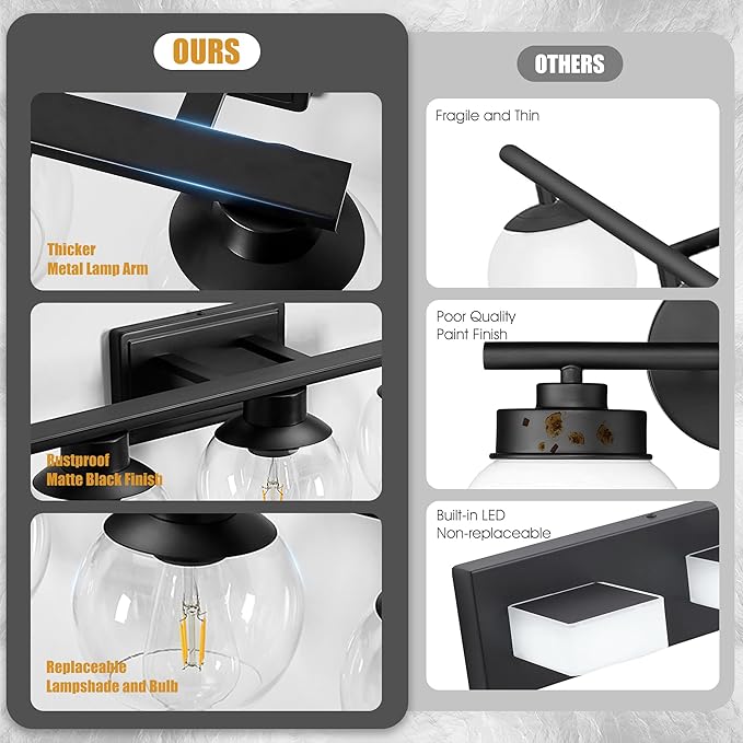 3-Lights Black Bathroom Vanity Lights, Modern Bathroom Lighting Fixtures with Globe Glass Shade, 22in Matte Black Wall lamp for Bath Over Mirror Kitchen Cabinet Living room Hallway Bedroom Porch