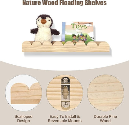 Scalloped Shelves for Nursery - Wall Book Shelves for Bedroom Kids, Nursery Bookshelf for Wall Set of 4, Floating Book Shelves Solid Wood,16 Inch, Natural