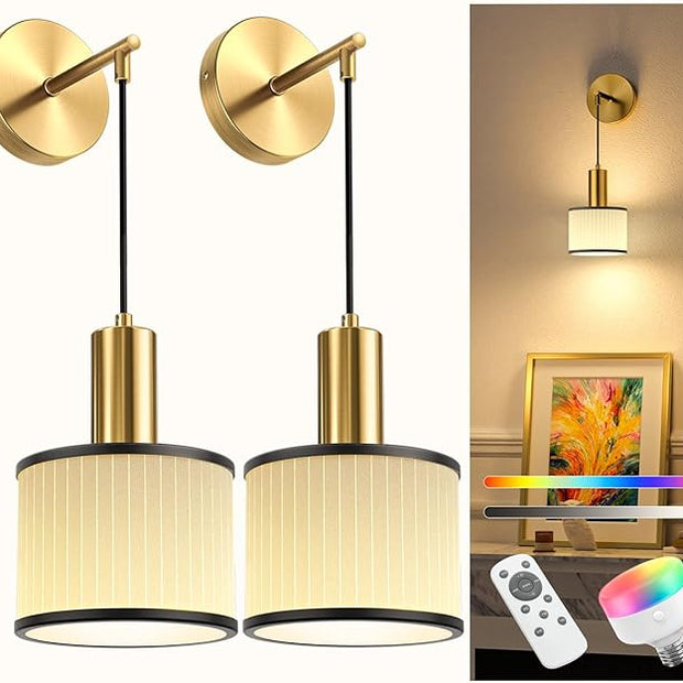 NIORSUN Battery Operated Wall Sconce Set of 2, Black Gold & Off-White Wireless Rechargeable Wall Lights with 5200mAh Dimmable Detachable Bulbs and Remote, 9 Colors Sconces Wall Decor for Living Room
