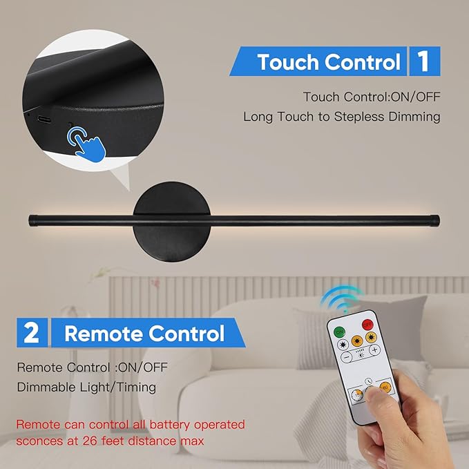 Battery Operated Wall Sconces, Wireless Rechargeable Wall Sconces Black with Remote Control Dimmable, Cordless Wall Light Decor for Living Room, Bathroom, Hallway, Timing, 24 Inch 1 Pack